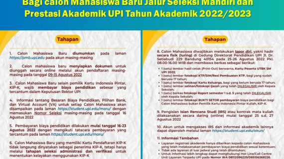 TAHAPAN REGISTRASI ADMINISTRASI DAN AKADEMIK Bagi calon Mahasiswa Baru Jalur Seleksi Mandiri dan Prestasi Akademik UPI Tahun Akademik 2022/2023